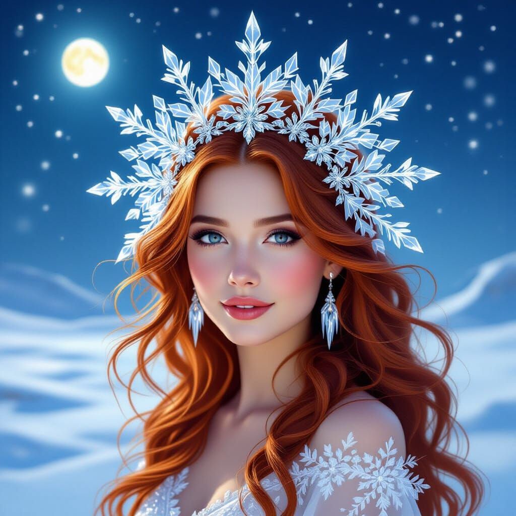 Ethereal Woman in Crystalline Headdress Under Starry Sky