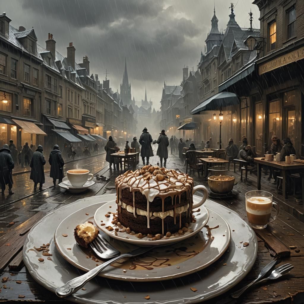 Cake and Latte on a Rainy Day