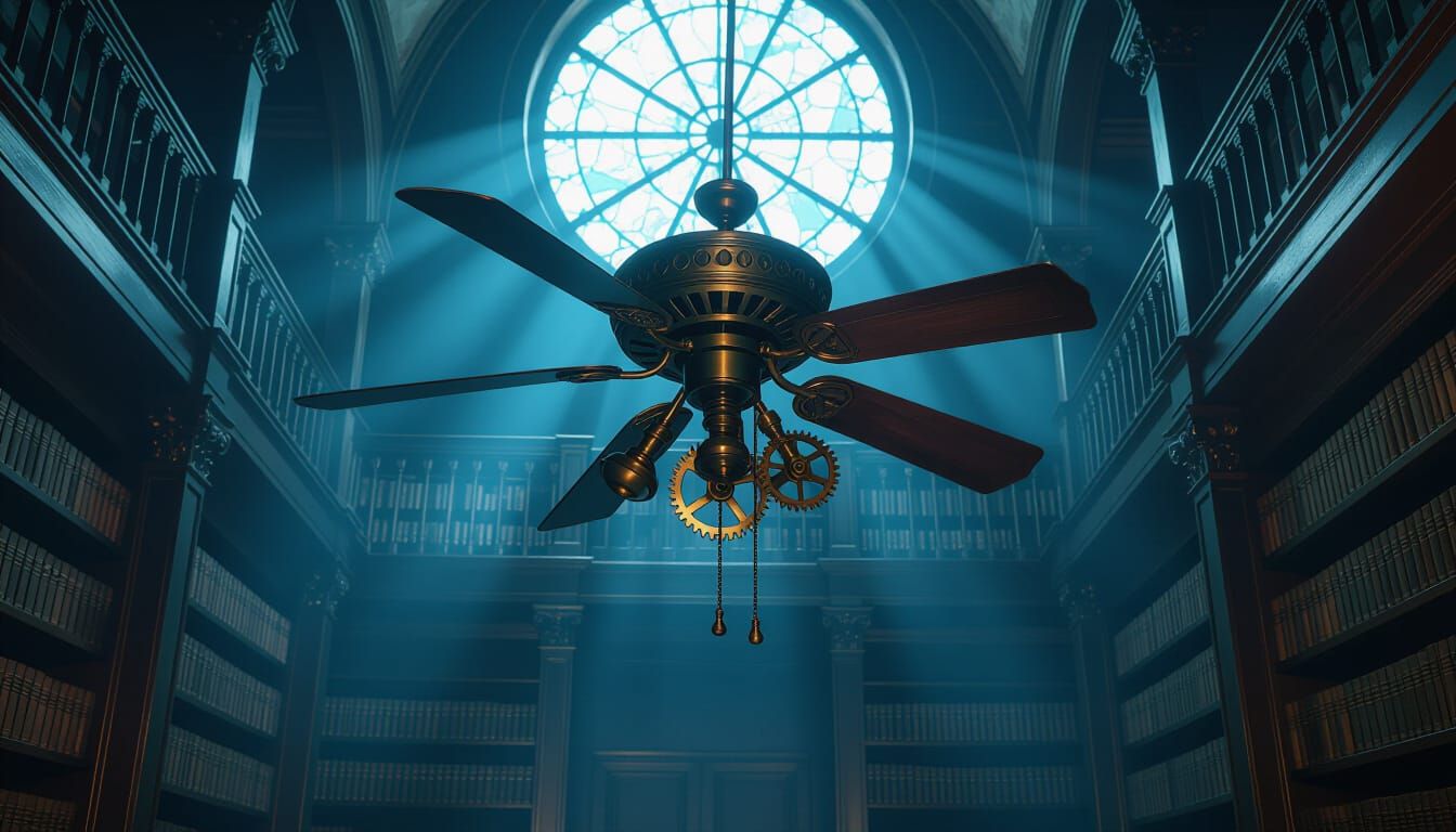 Steampunk Fan in Moonlit Abandoned Library