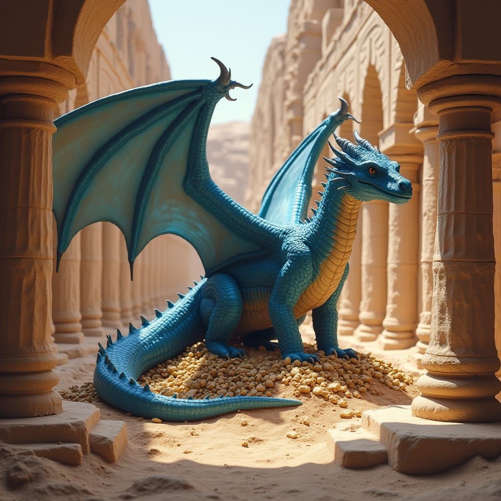 Giant Blue Dragon Guards Treasure in Desert Ruins