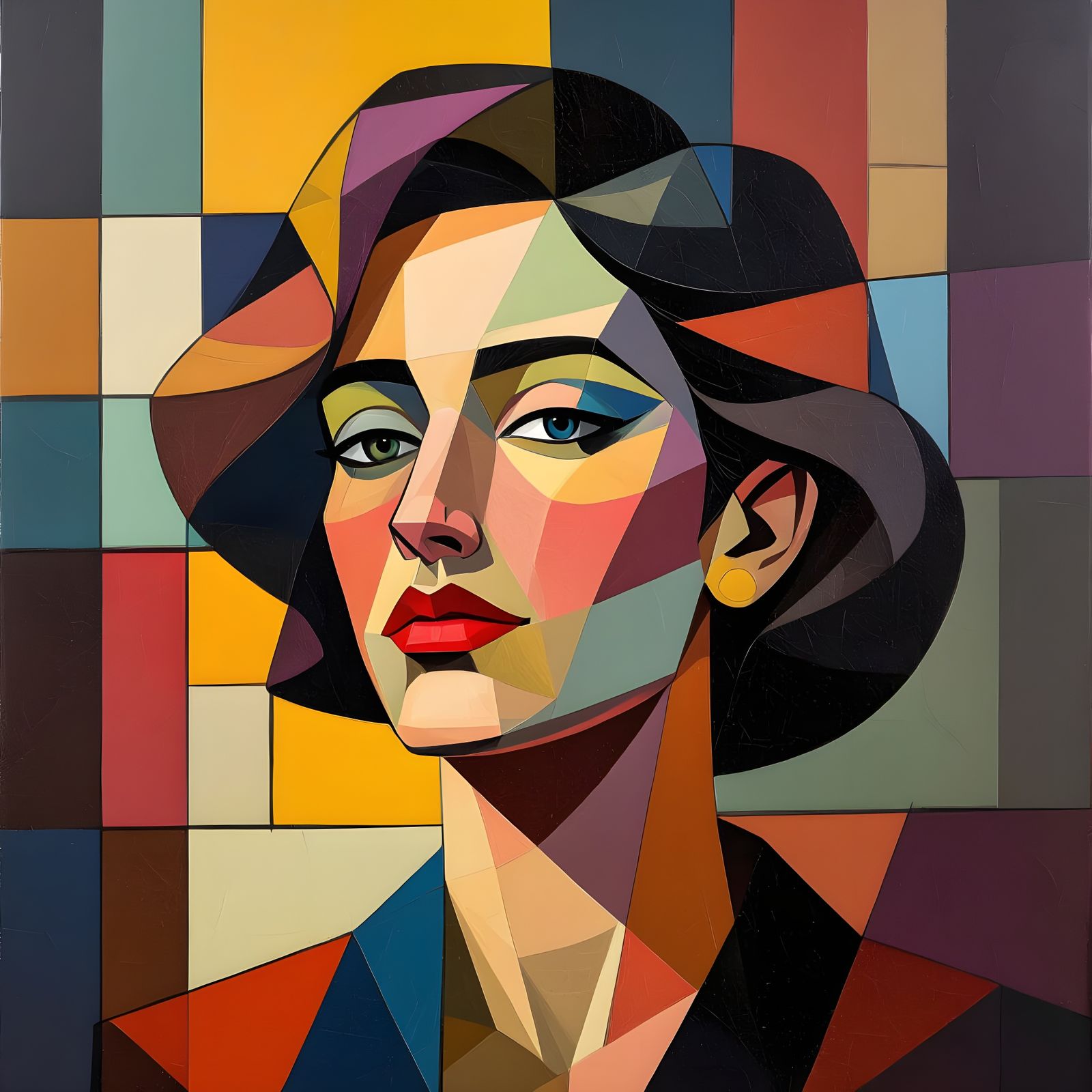 Cubist Portrait with Geometric Overlays in Fauvist Style