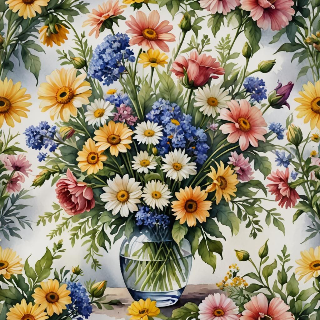 Realistic Watercolor of Morning Flowers in Vase