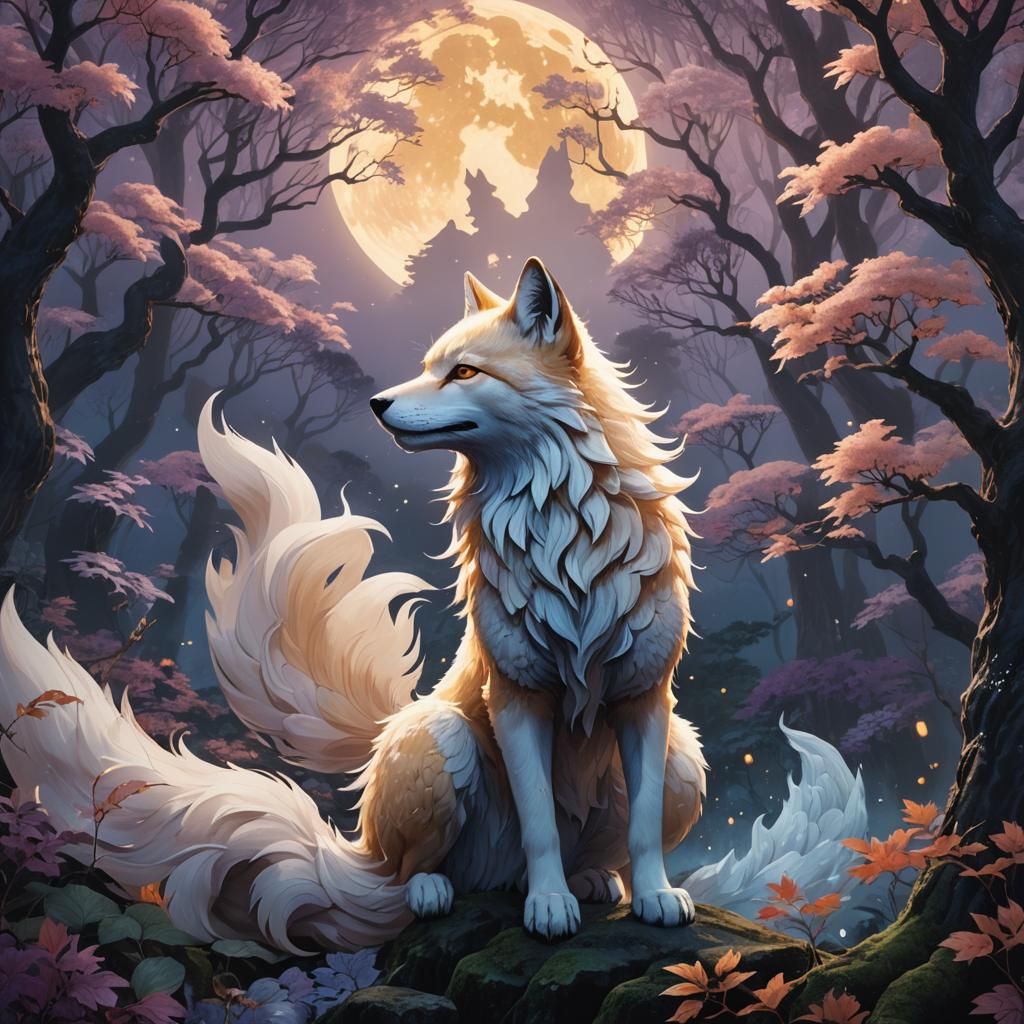 Mystical Kitsune in Moonlit Forest: Fantasy Concept Art