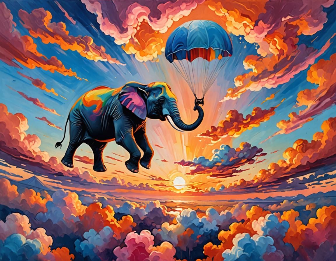 elephant sky diving lots of colour