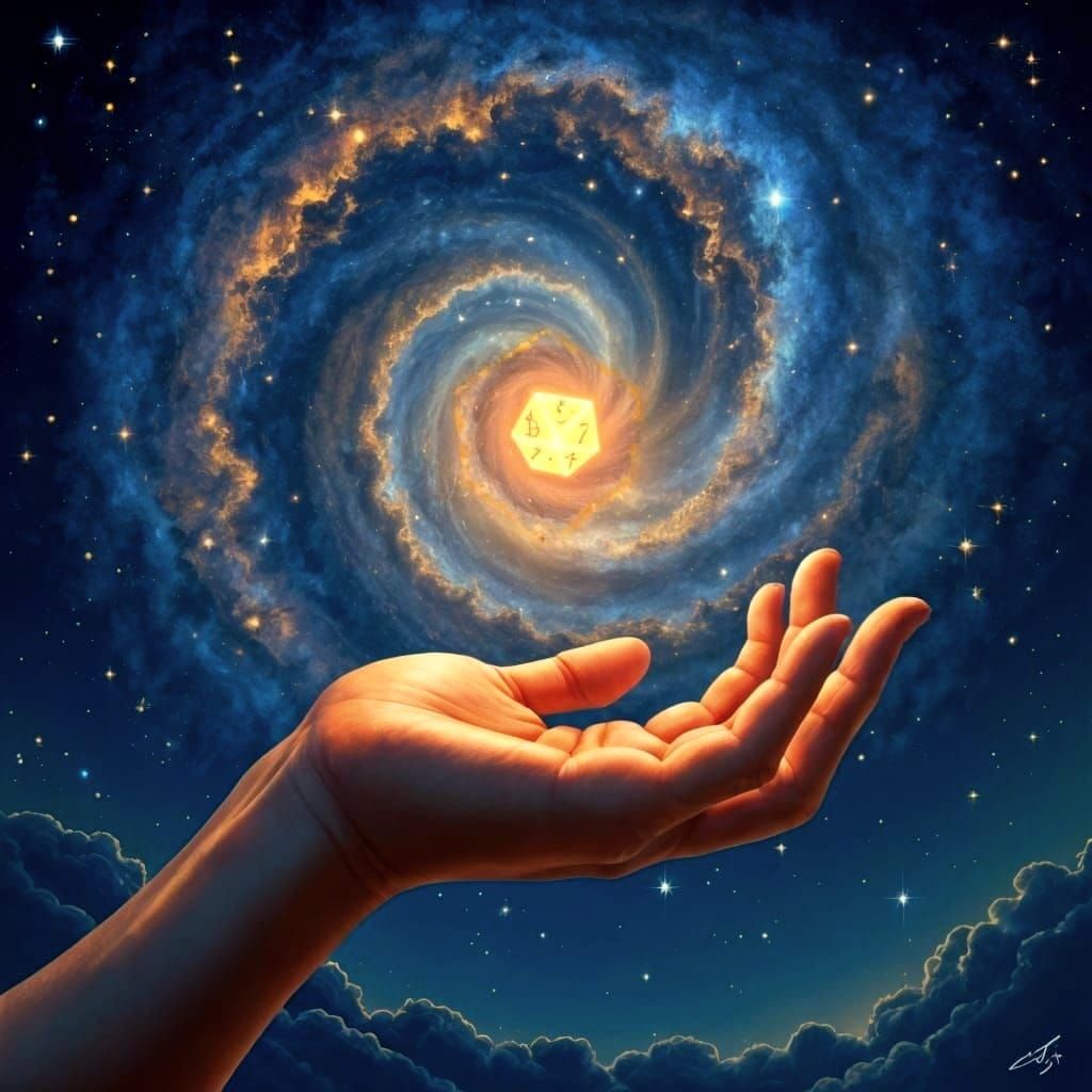 Celestial Hand Rolling Dice in Art Nouveau Style