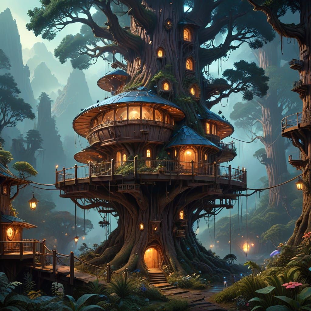 Solarpunk Harmony in a Giant Redwood Tree