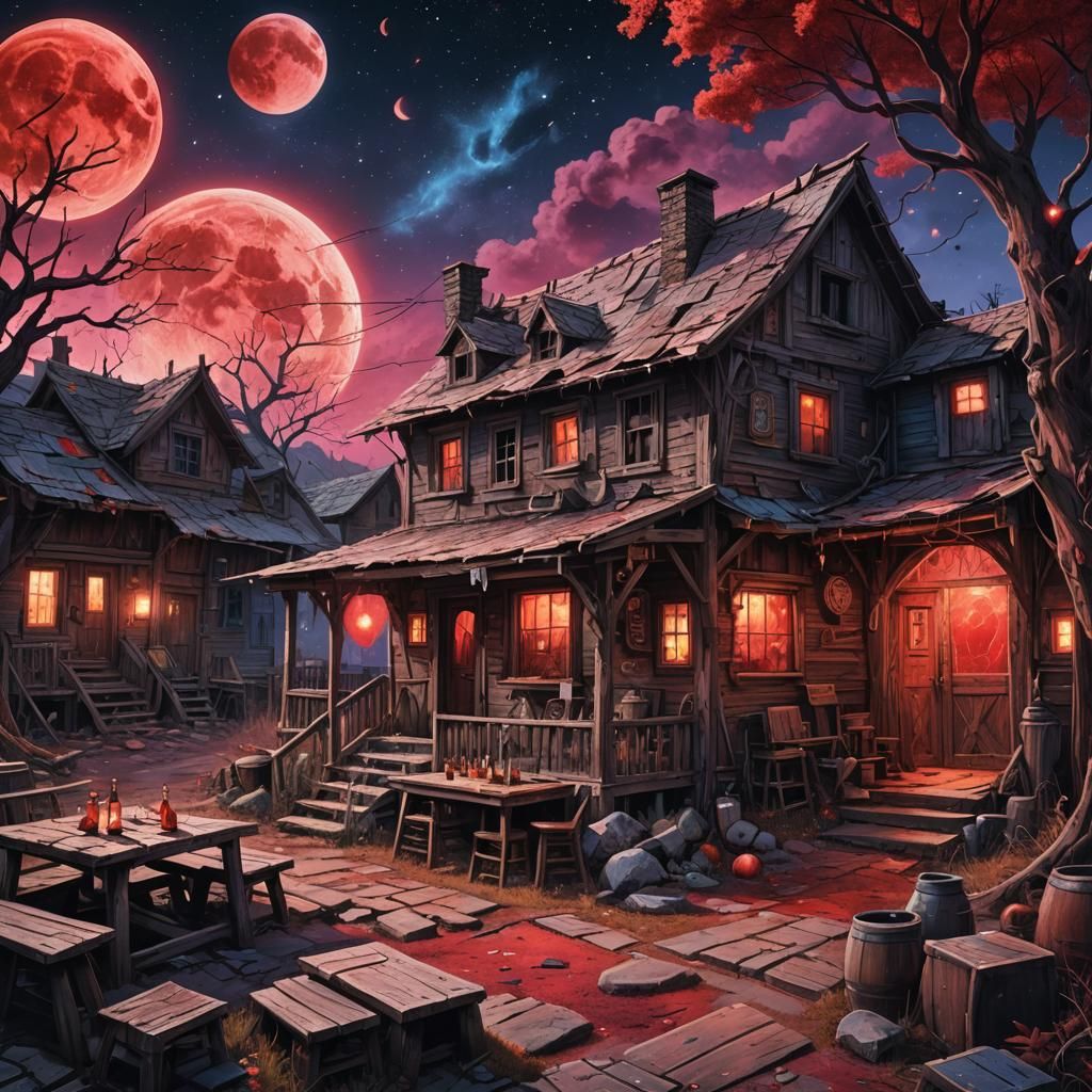 Abandoned Tavern Under Blood Moon: Cosmic Illustration