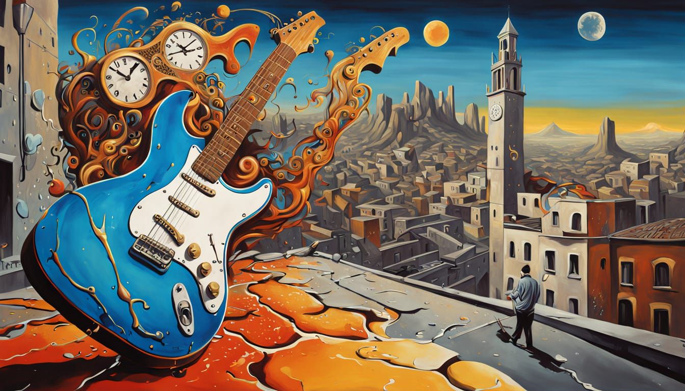 Surreal Cityscape with Melting Guitar in Vibrant Graffiti St...