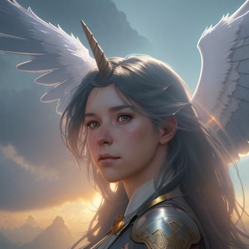 Winged Unicorns in Sunlit Clouds: Hyperdetailed Portrait
