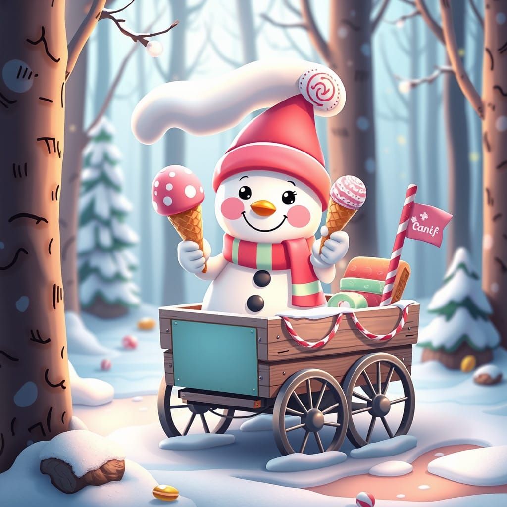 Whimsical Candy Chibi Snowman Serves Ice Cream in the Forest