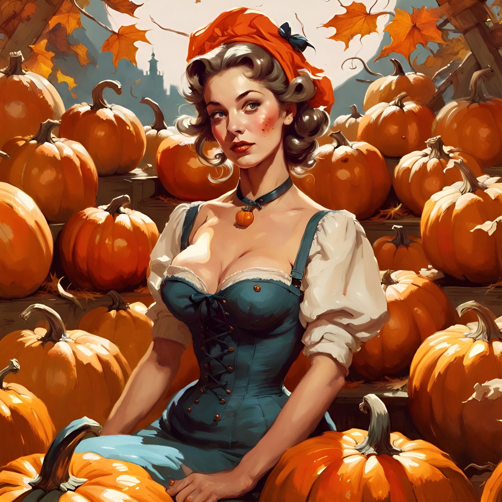 Vintage Pin-Up Woman with Pumpkins Illustration