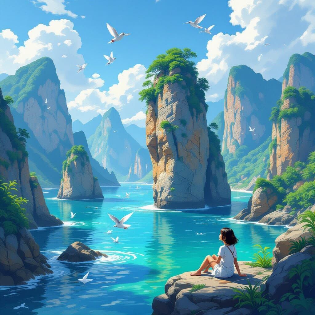 Whimsical Seascape with Flying Fish, Abstract Art