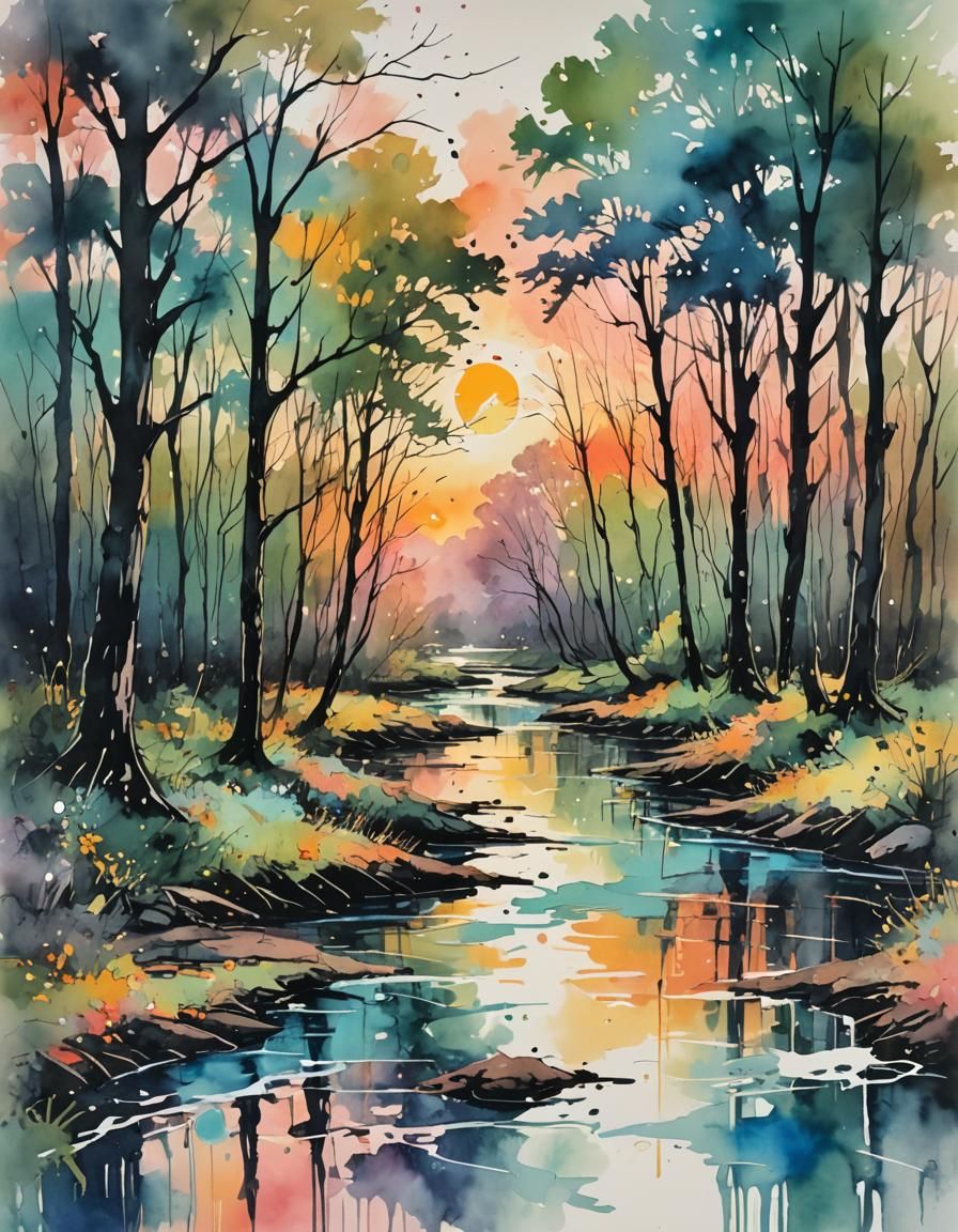 Abstract Expressionist Forest River Sunset in Water Ink