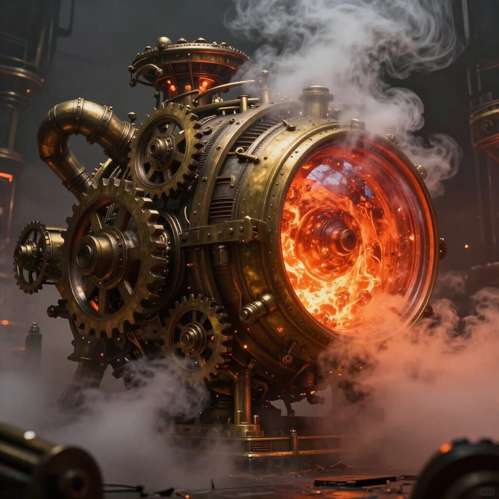 Steampunk Engine Concept Art With Fiery Core