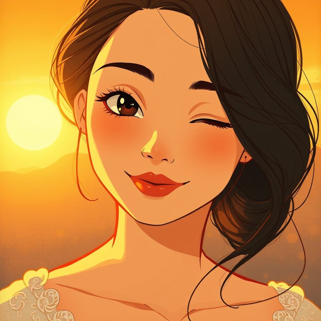 Whimsical Sunset Portrait with a Winking Woman