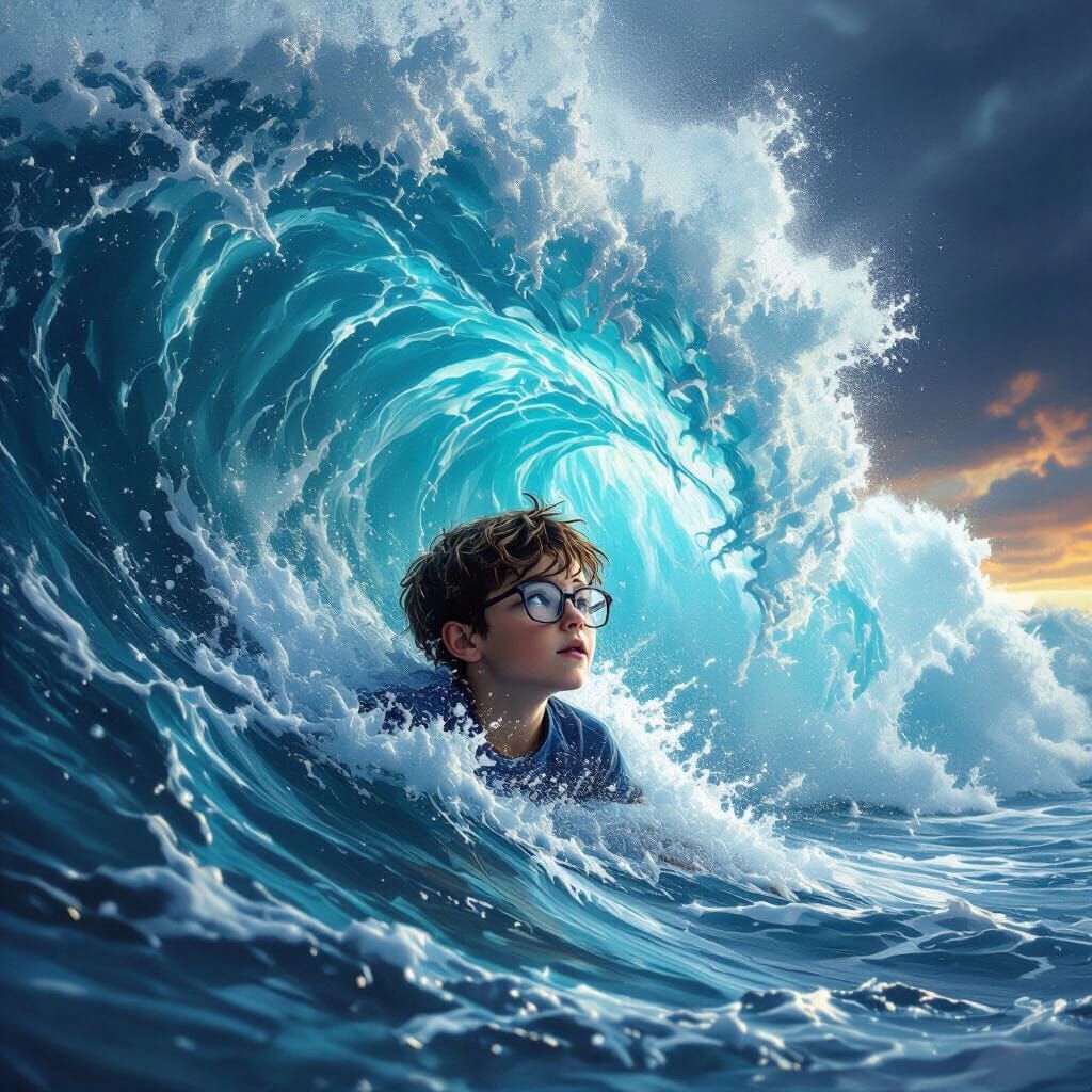 Boy with Glasses Engulfed by Colossal Sea Wave