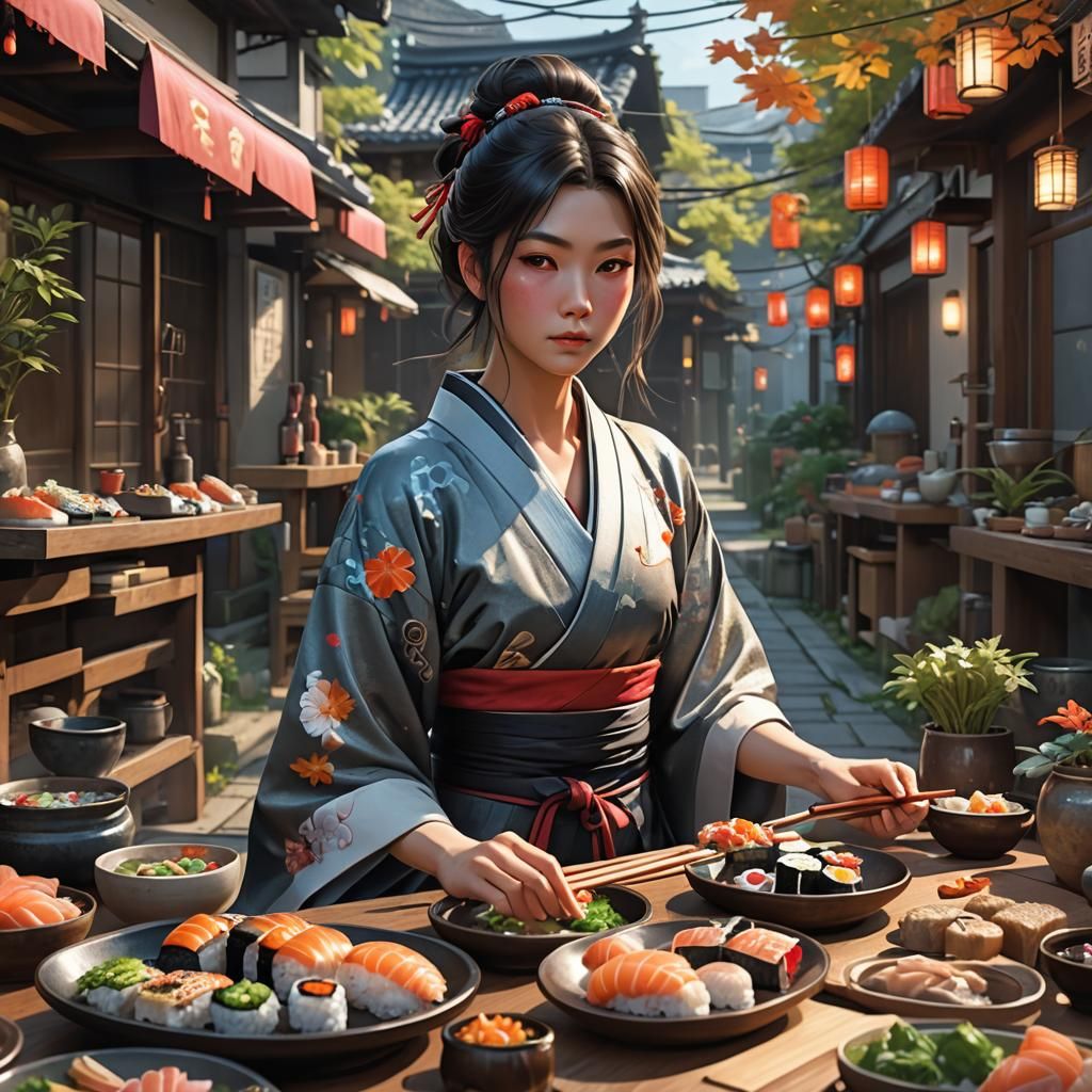 Gourmet Street Sushi Prepared by Samurai Woman