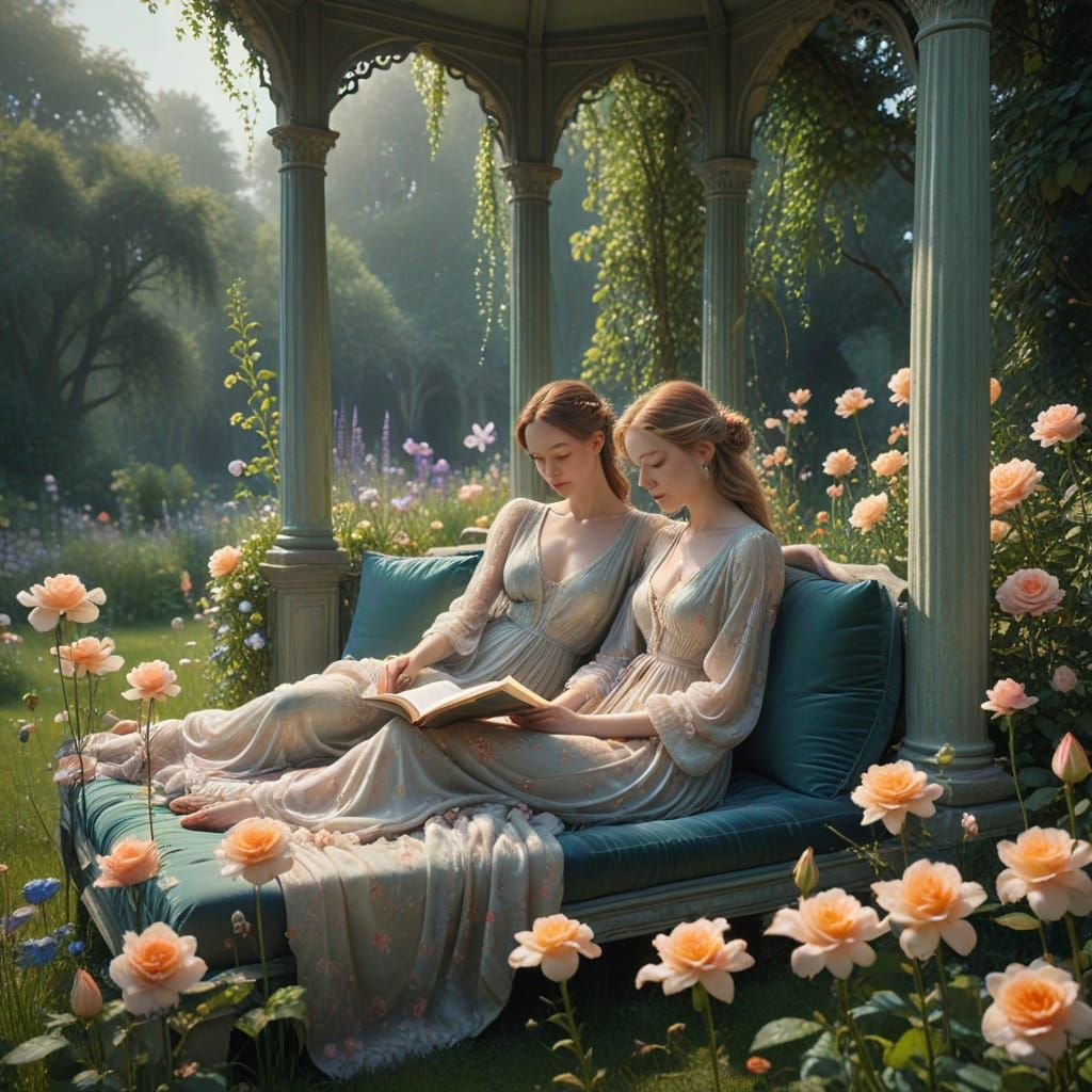 Serene Meadow Scene with Couple in Gazebo