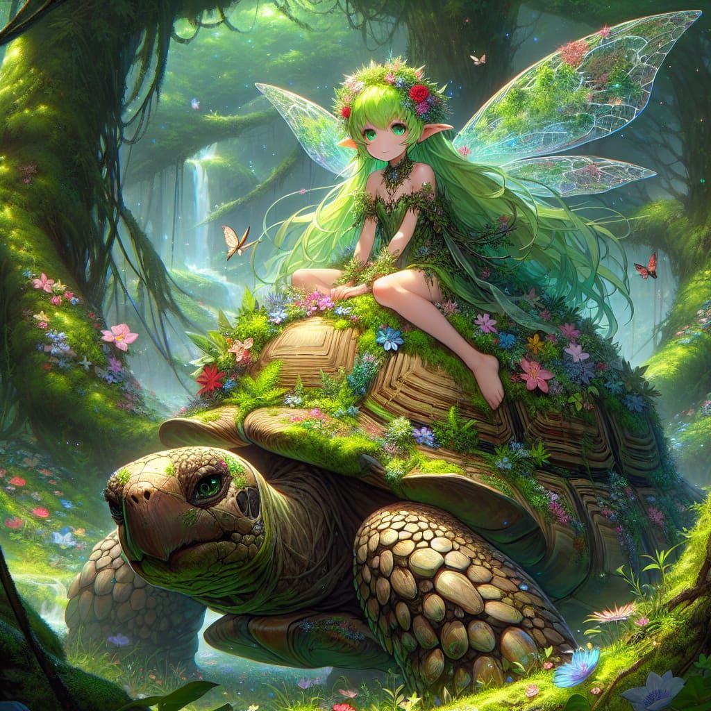Anime Fairy Rides Giant Tortoise Through Lush Forest