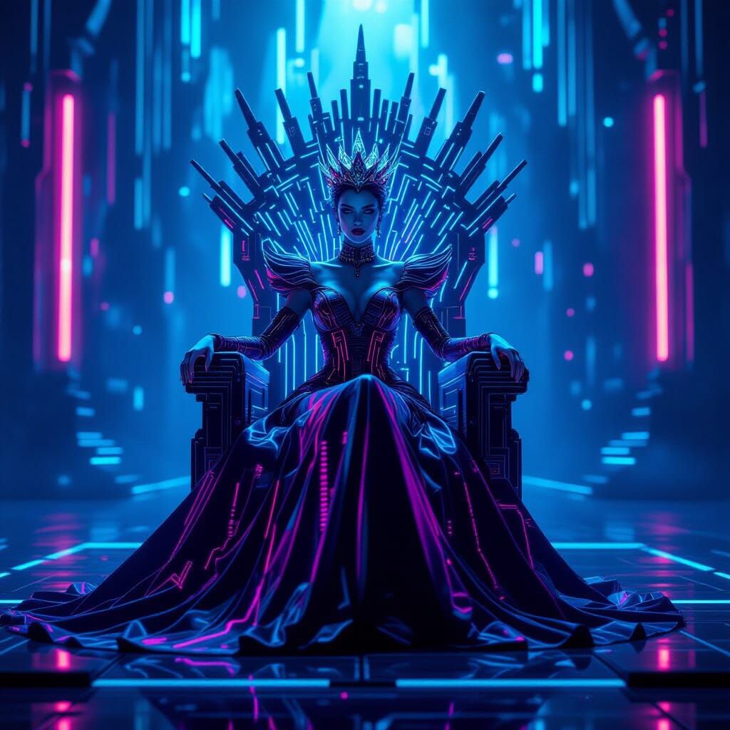Cyberpunk Queen of Hearts Empress on Neon Circuit Throne