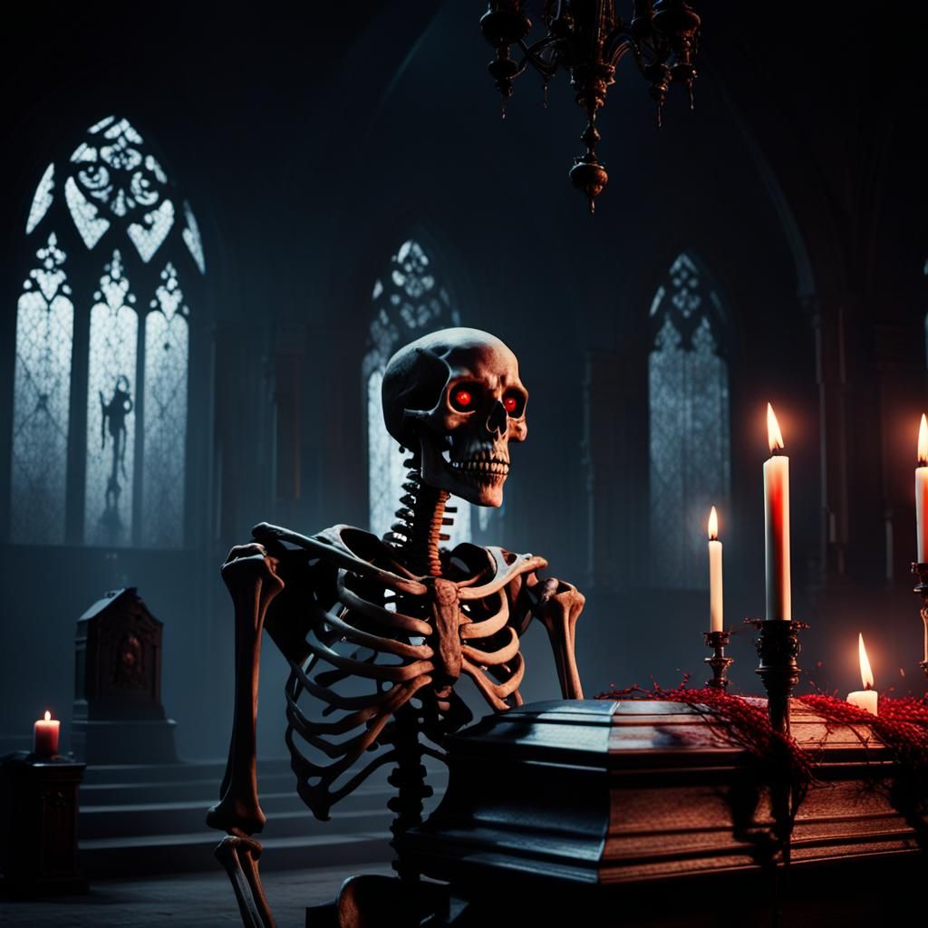 Skeleton at Funeral in Gothic Dark Fantasy Style