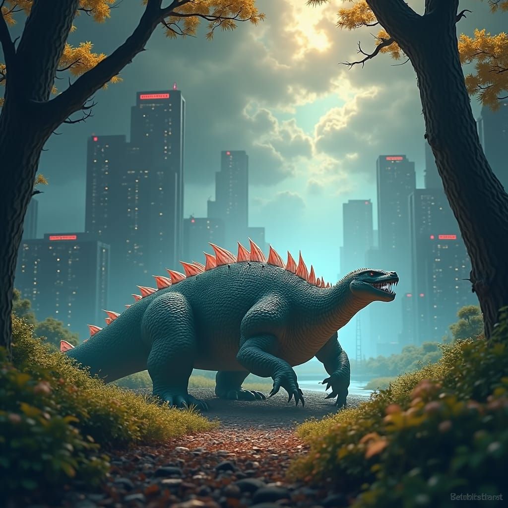Godzilla-Dragon Hybrid Rises Over Dystopian Cityscape