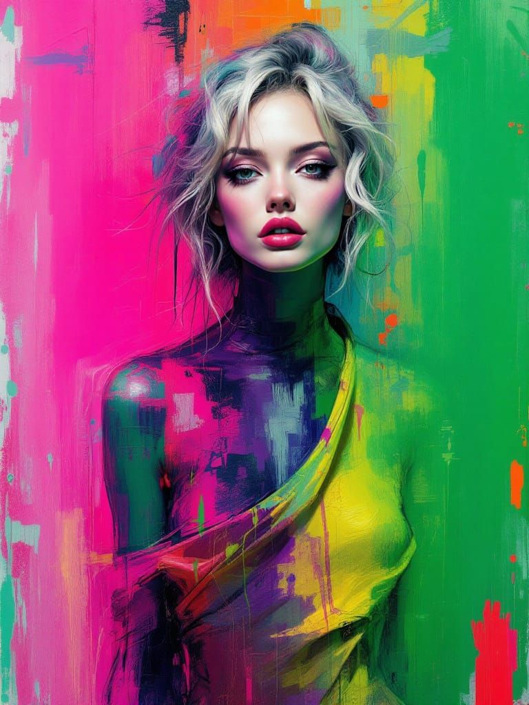 Impasto Portrait of a Pin-Up Woman in Metallic Gold Dress