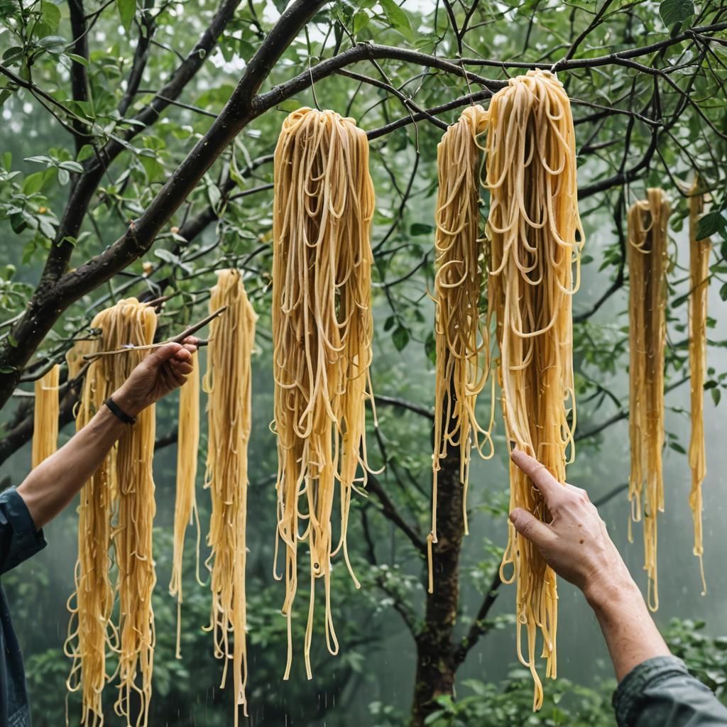 Person Drying Spaghetti Pasta on Tree Branches
