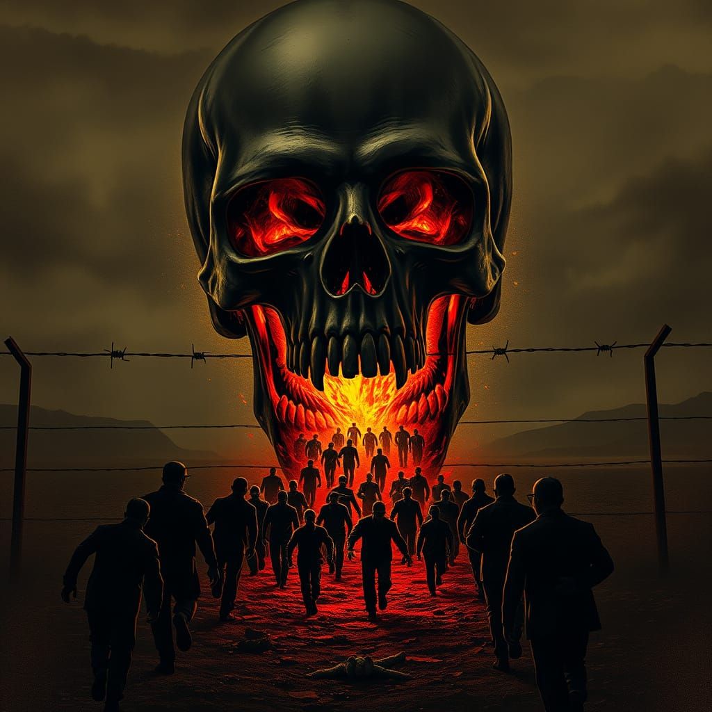 A massive skull, mouth agape, spewing forth a river of faceless figures towards a barbed wire fence; a sense of impendin...