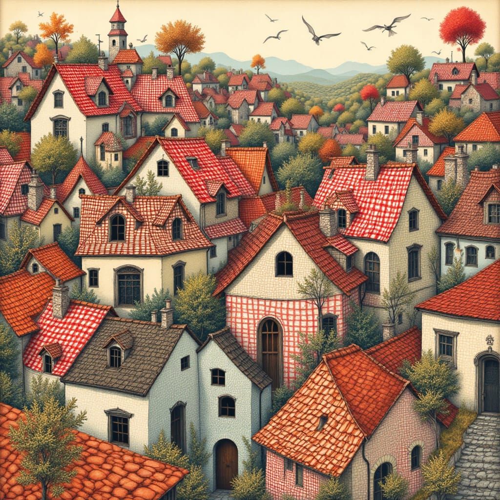 Whimsical Medieval City in Art Nouveau Style