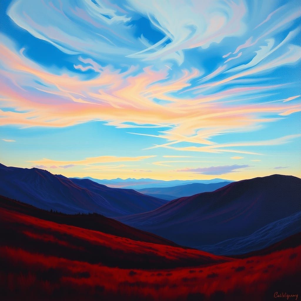 Vibrant Landscape with Red Sky in Oil Painting Style