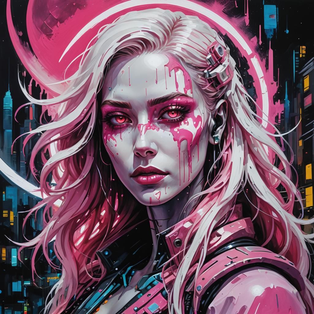 Cyberpunk Girl on Glowing Moon, Street Art Style