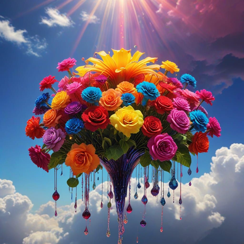 Psychedelic Neon Flowers and Fruits in Geometric Style