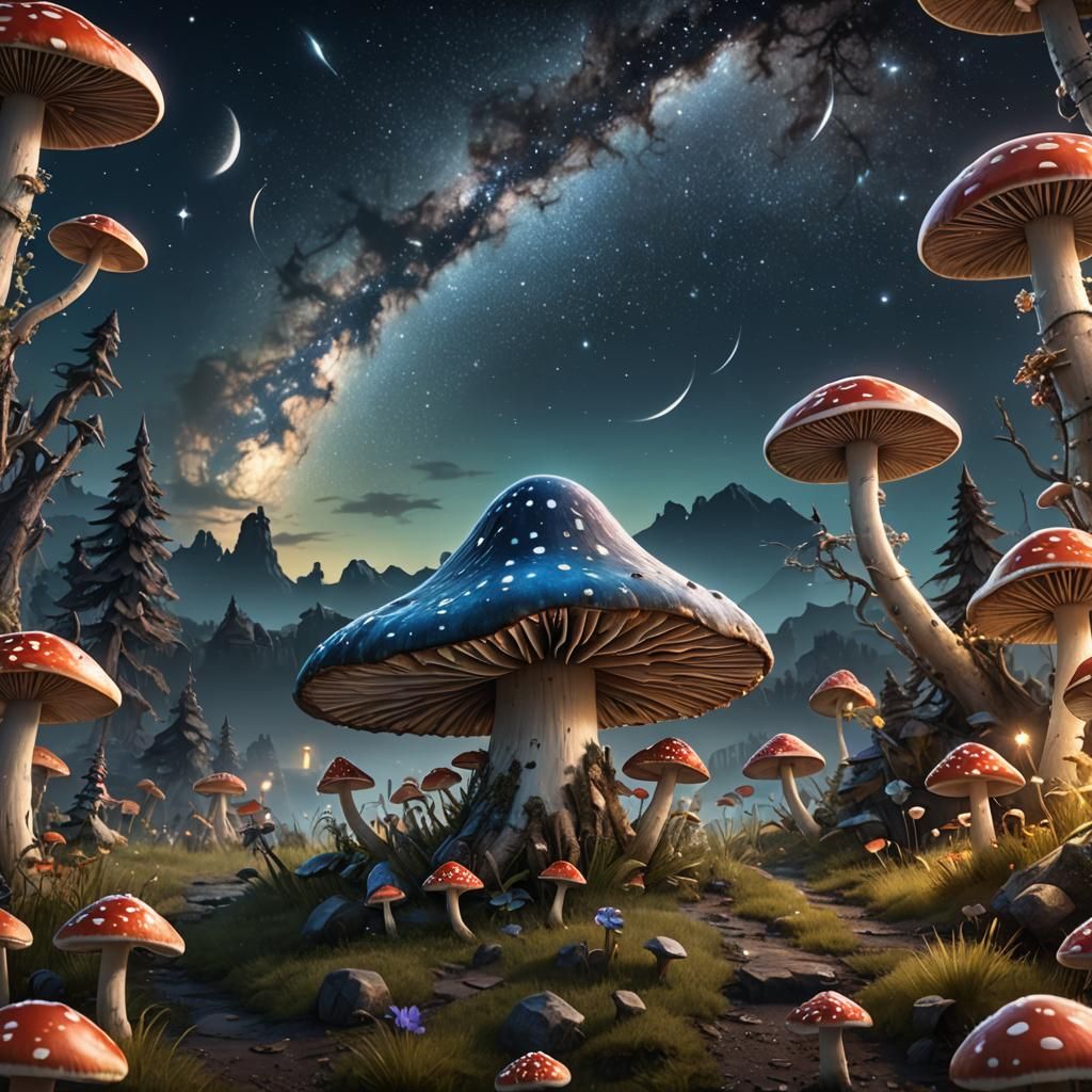 Magical Mushroom World Under Starry Night Sky
