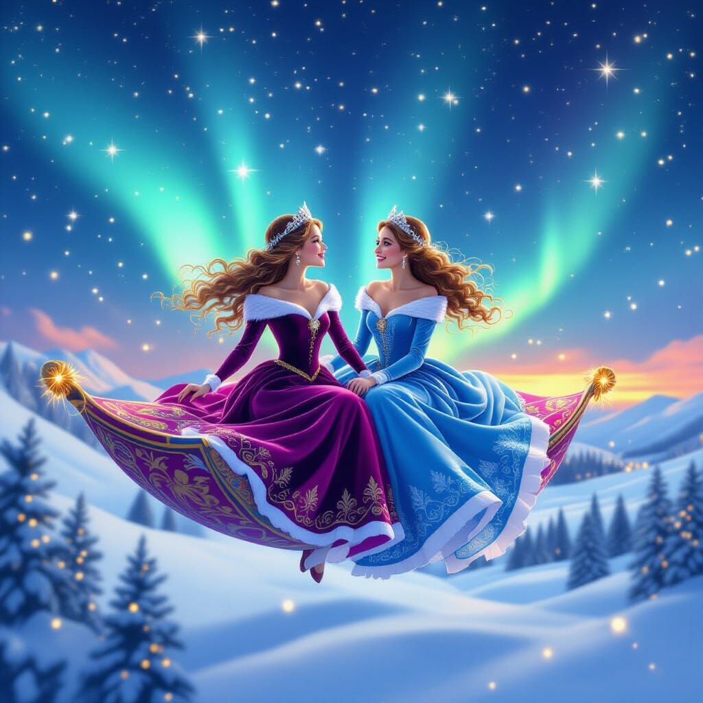 Princesses on Magic Carpet in Snowy Christmas Sky