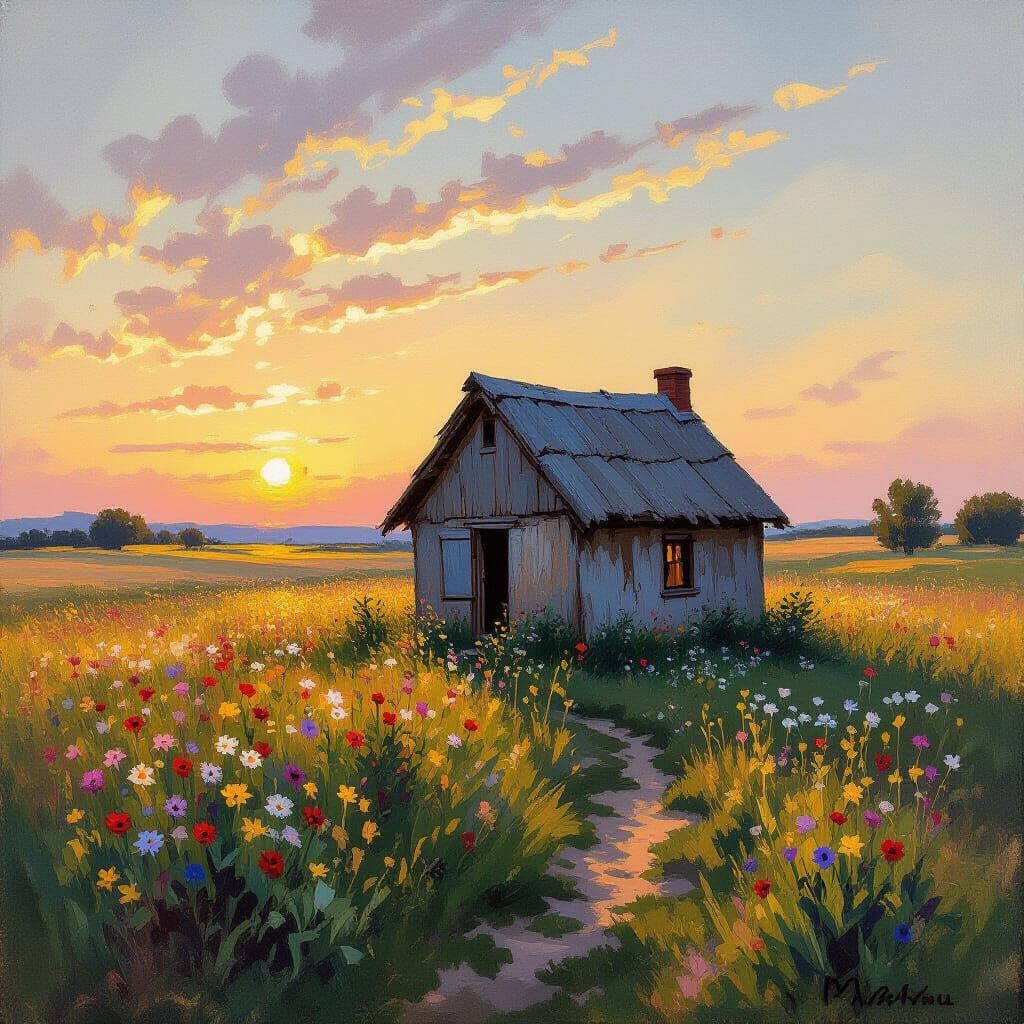 Impressionist Oil Painting of Prairie Hut at Twilight