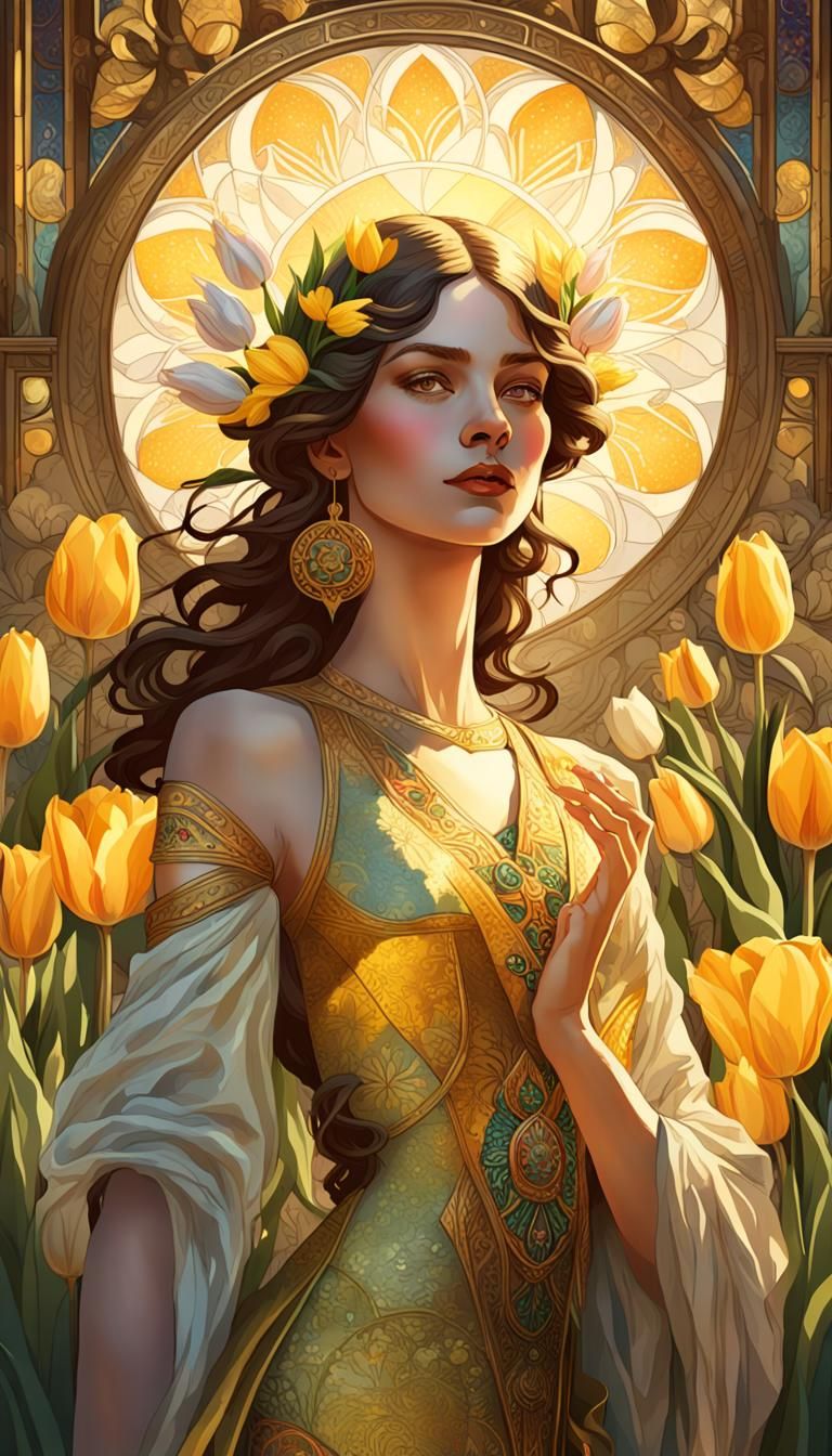 Goddess Ostara in Golden Spring Landscape