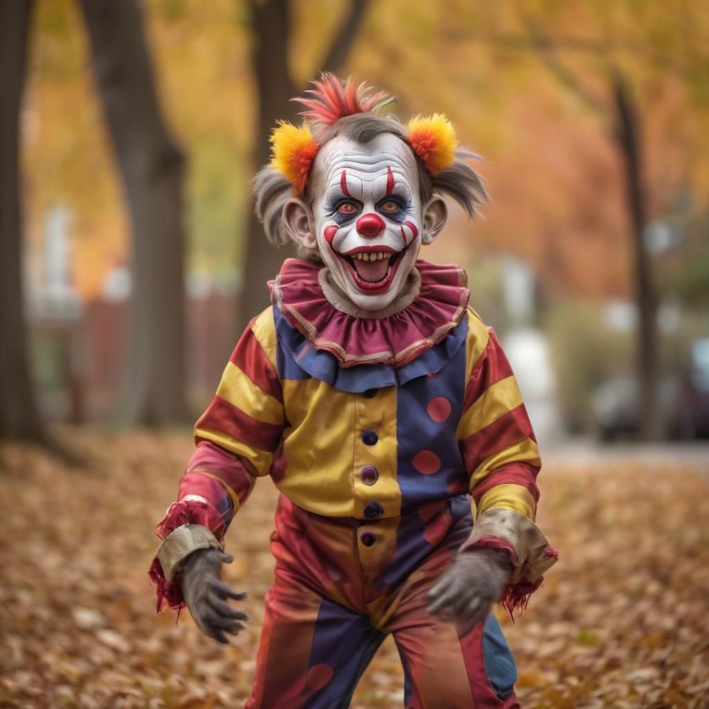 Zombie Monkey Clown Children Play in Fall Leaves