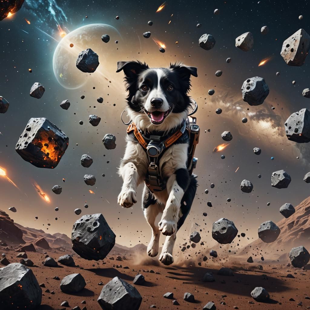 Astronaut Dog Herding Asteroids: Fantasy Concept Art