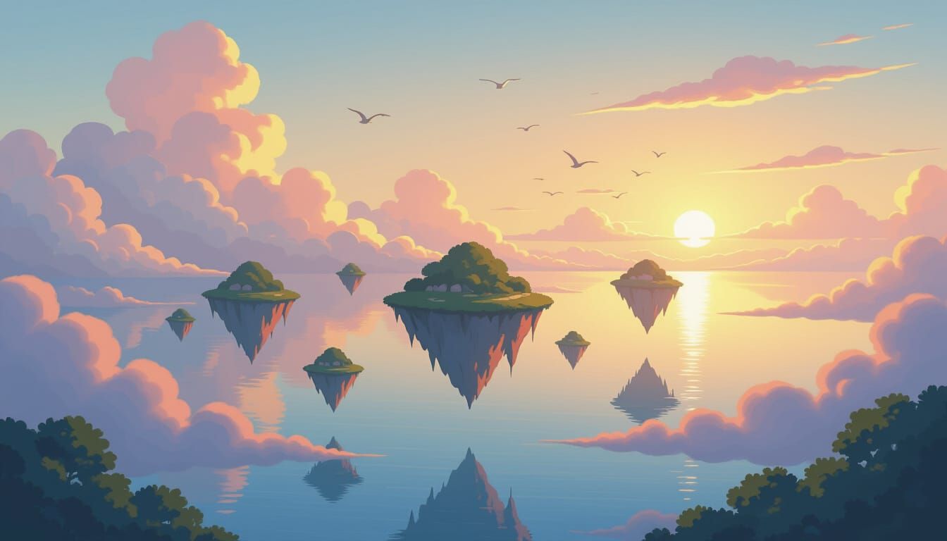 Floating Islands at Sunrise in Whimsical Style