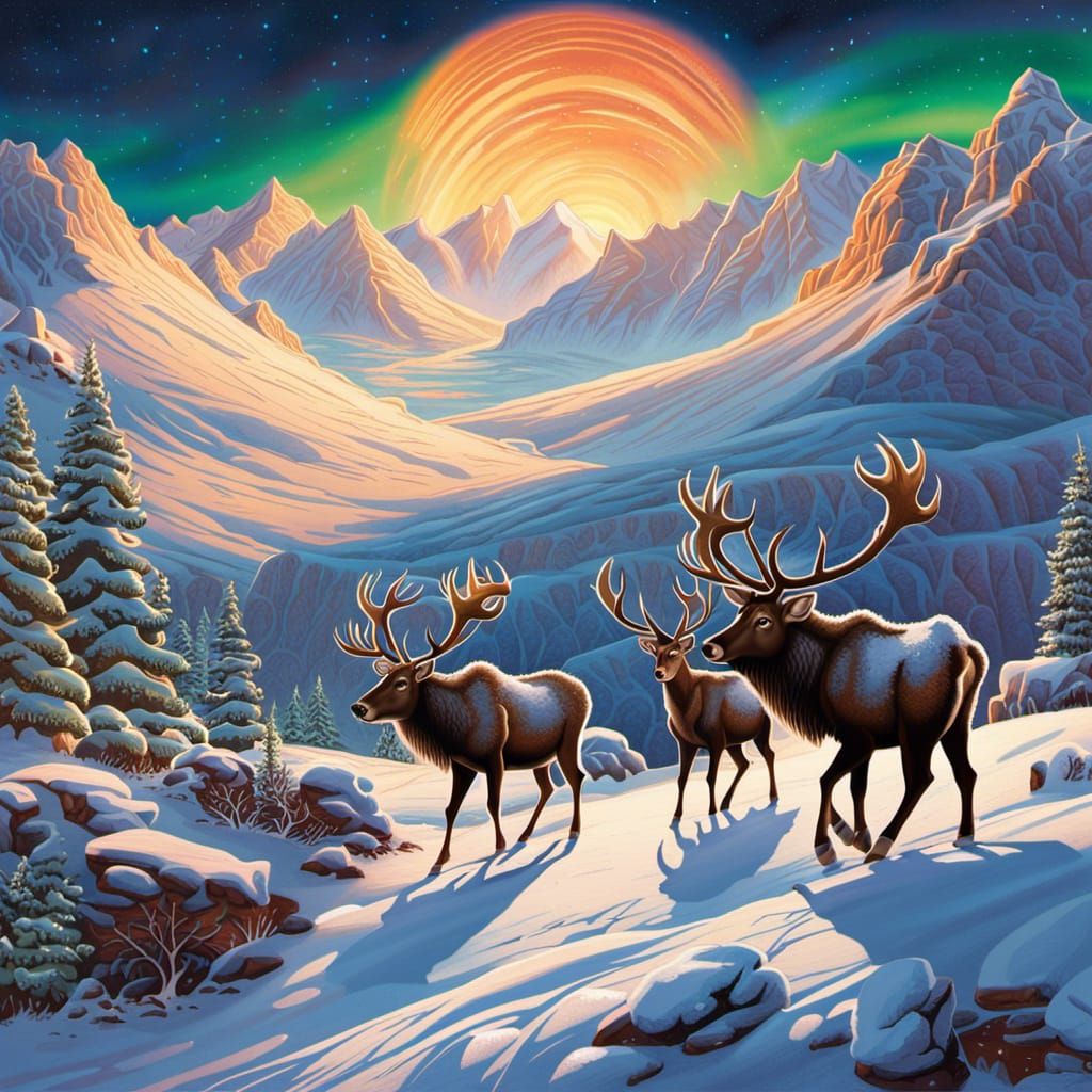 Reindeer in Snowy Tundra with Northern Lights