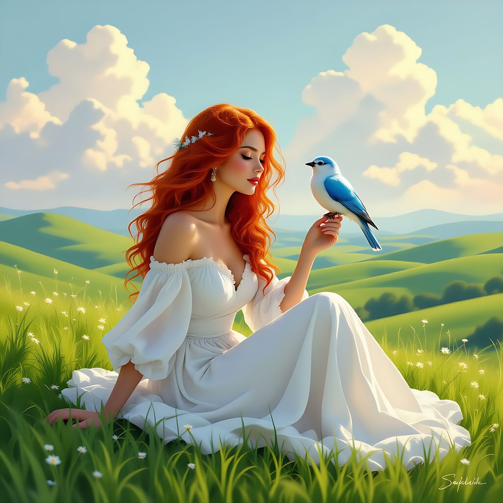 Dreamlike Woman with Bird in Acrylic Painting