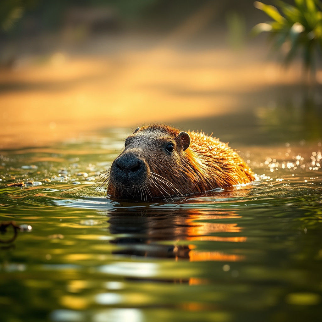 Capybara Swimming in a Mystical River