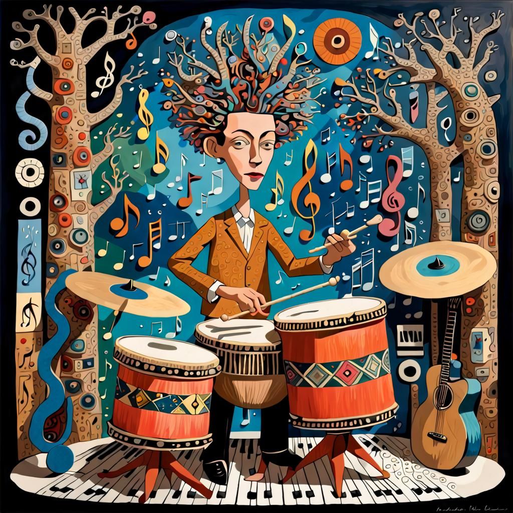 Whimsical Drummer in Naive Art Style