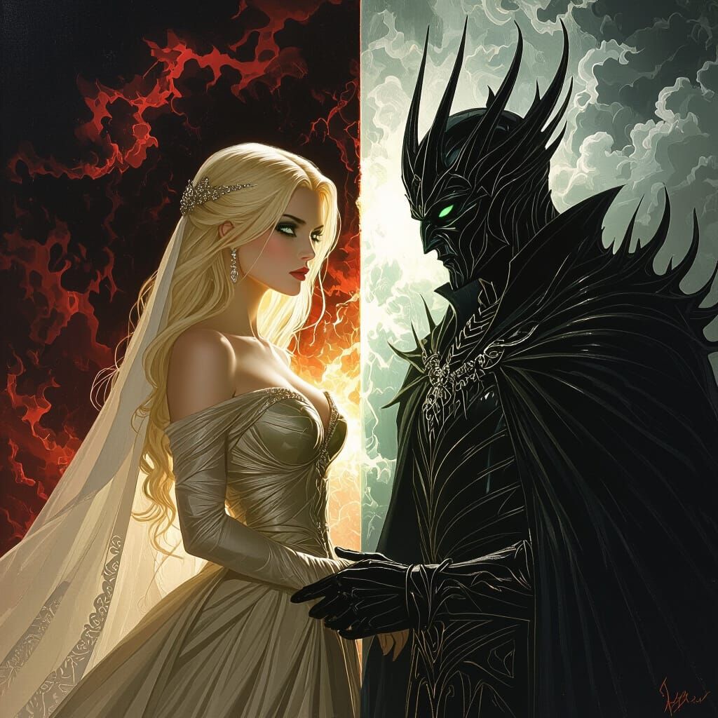 Elegant Lady Confronts Dark Lord in Dramatic Lighting