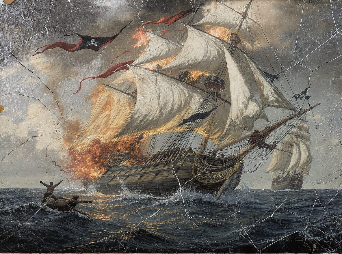 Sinking Schooner Under Pirate Attack, Weathered Oil Painting