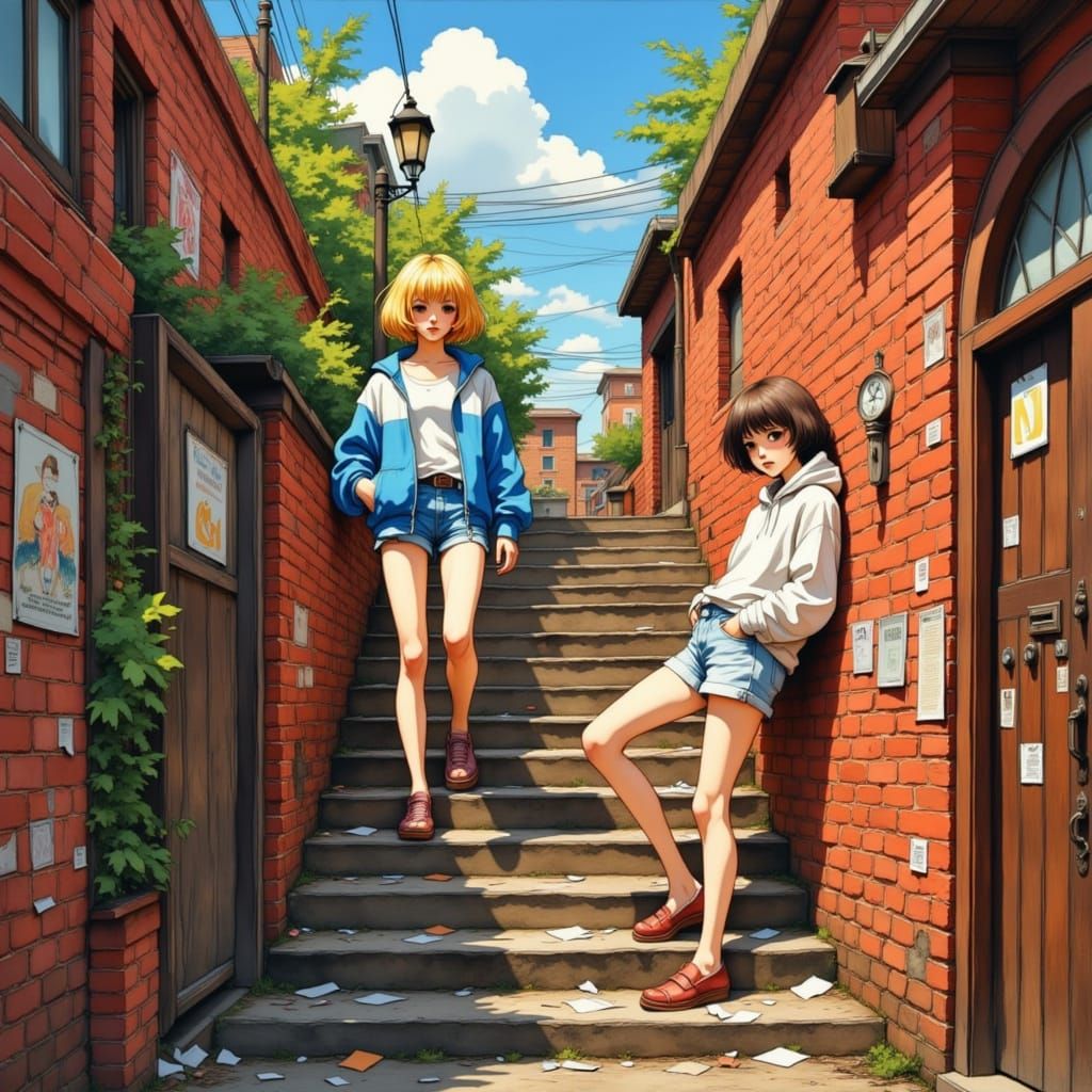 Anime Women on Worn Stairway in Urban Setting