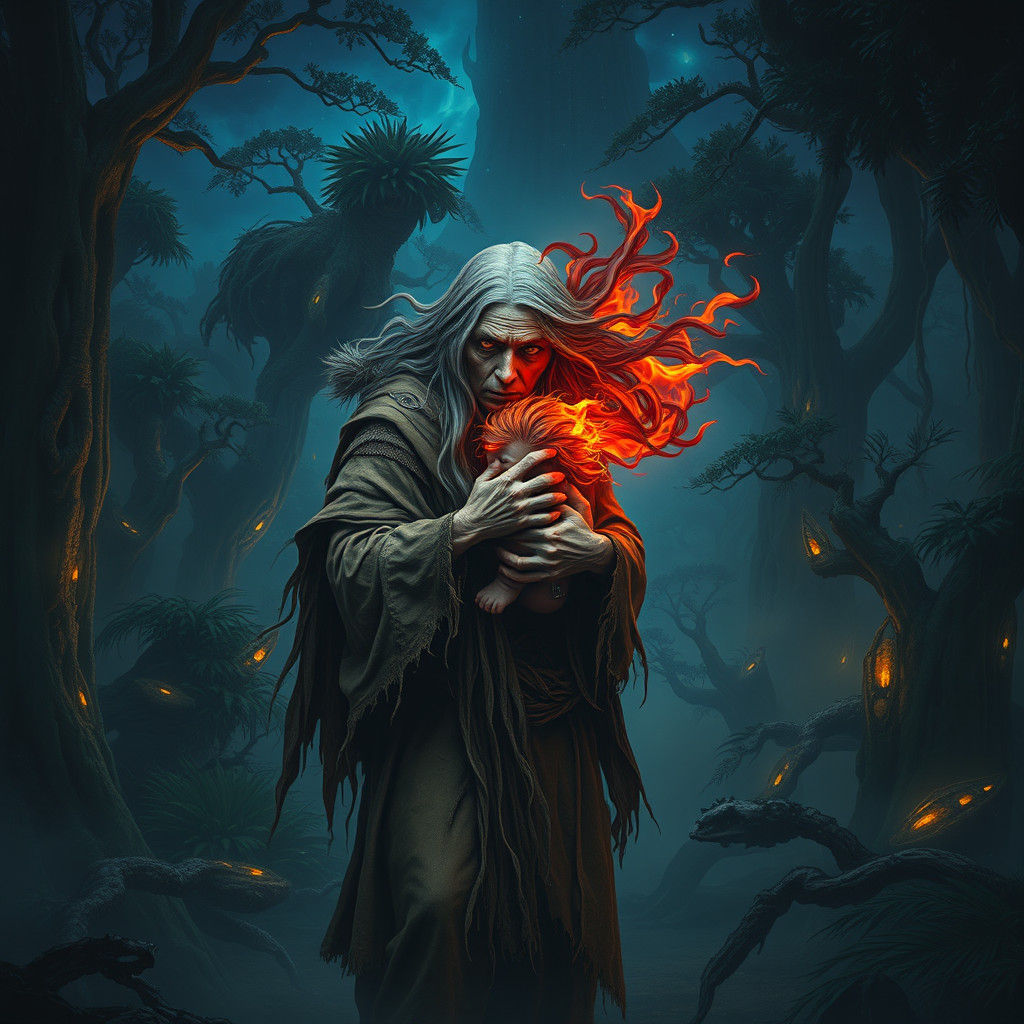 Mystical Witch and Child in Primeval Jungle