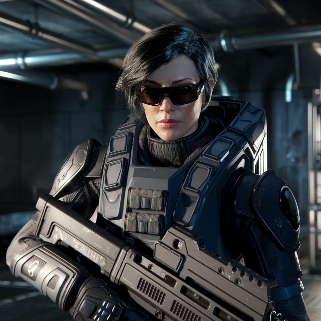 Sci-Fi Female Soldier in Dark Industrial Setting