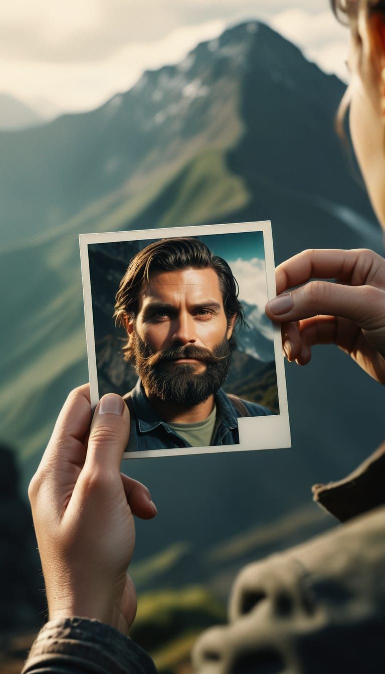 Close-Up of a Woman's Hand Holding a Polaroid of a Mountain ...